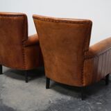 Fauteuil club en cuir vintage hollandais de couleur cognac, ensemble de 2