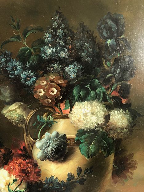 Tom Crowell, United Kingdom XXth, oil on panel "bouquet of flowers on entablature"