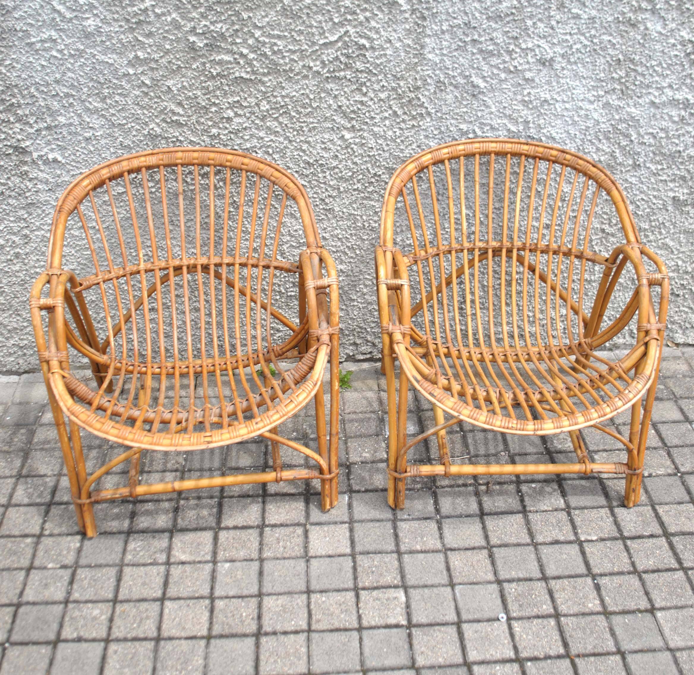 Set of 2 vintage bamboo and rattan shell armchairs 1960 - Terasse garden furniture