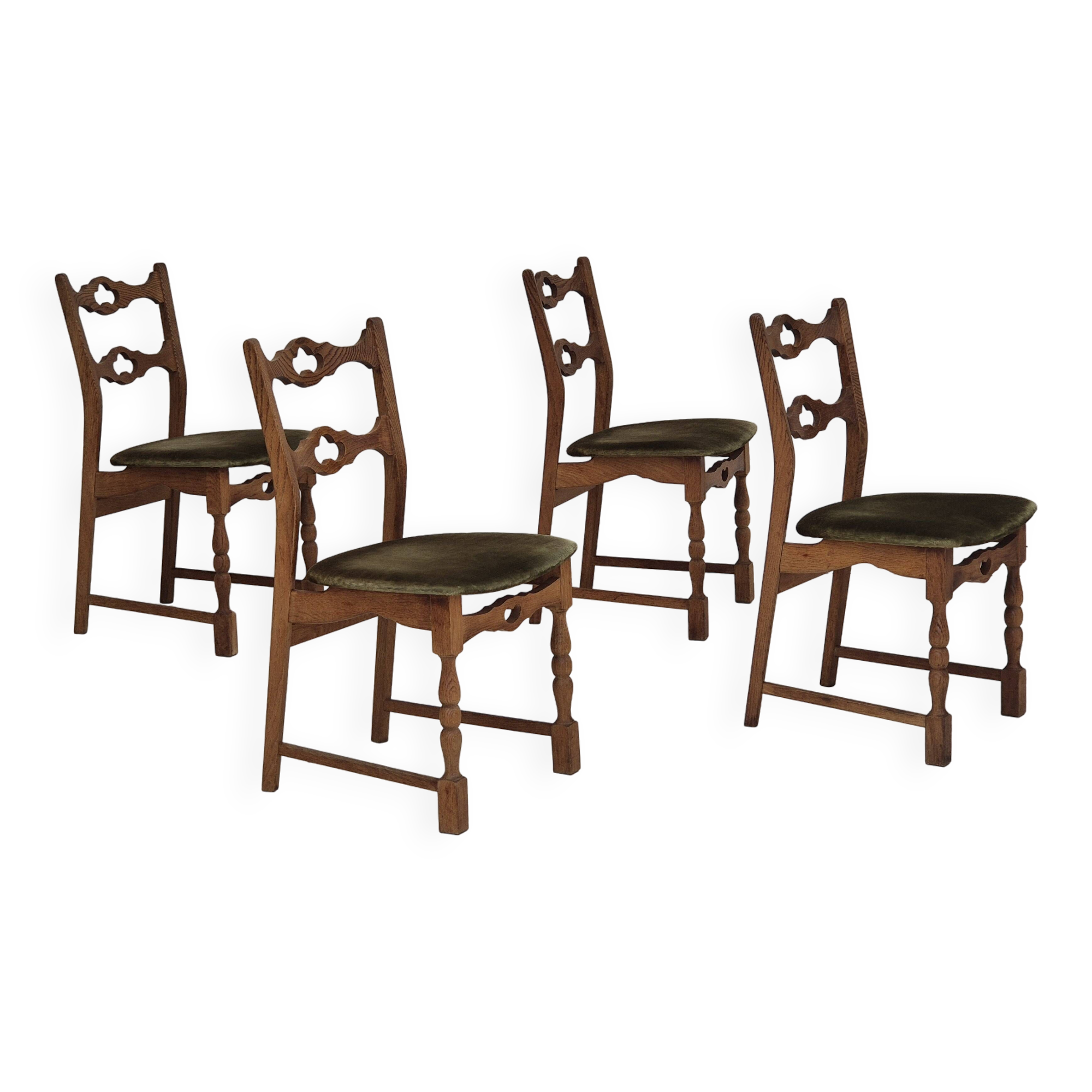 1970s, set of 4 Danish dining chairs, original condition, oak wood, furniture velour.