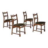 Années 1970, ensemble de 4 chaises de salle à manger danoises, état d'origine, bois de chêne, meuble velours.