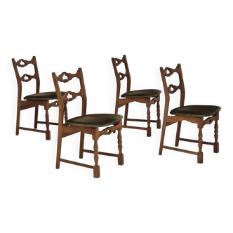 1970s, set of 4 Danish dining chairs, original condition, oak wood, furniture velour.