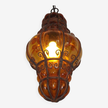 Antique Venetian Murano Amber Blown Glass Cage Ceiling Light