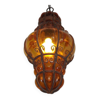 Antique Venetian Murano Amber Blown Glass Cage Ceiling Light