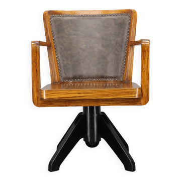 1930s Restored Art Deco Wooden Swivel Office Armchair
