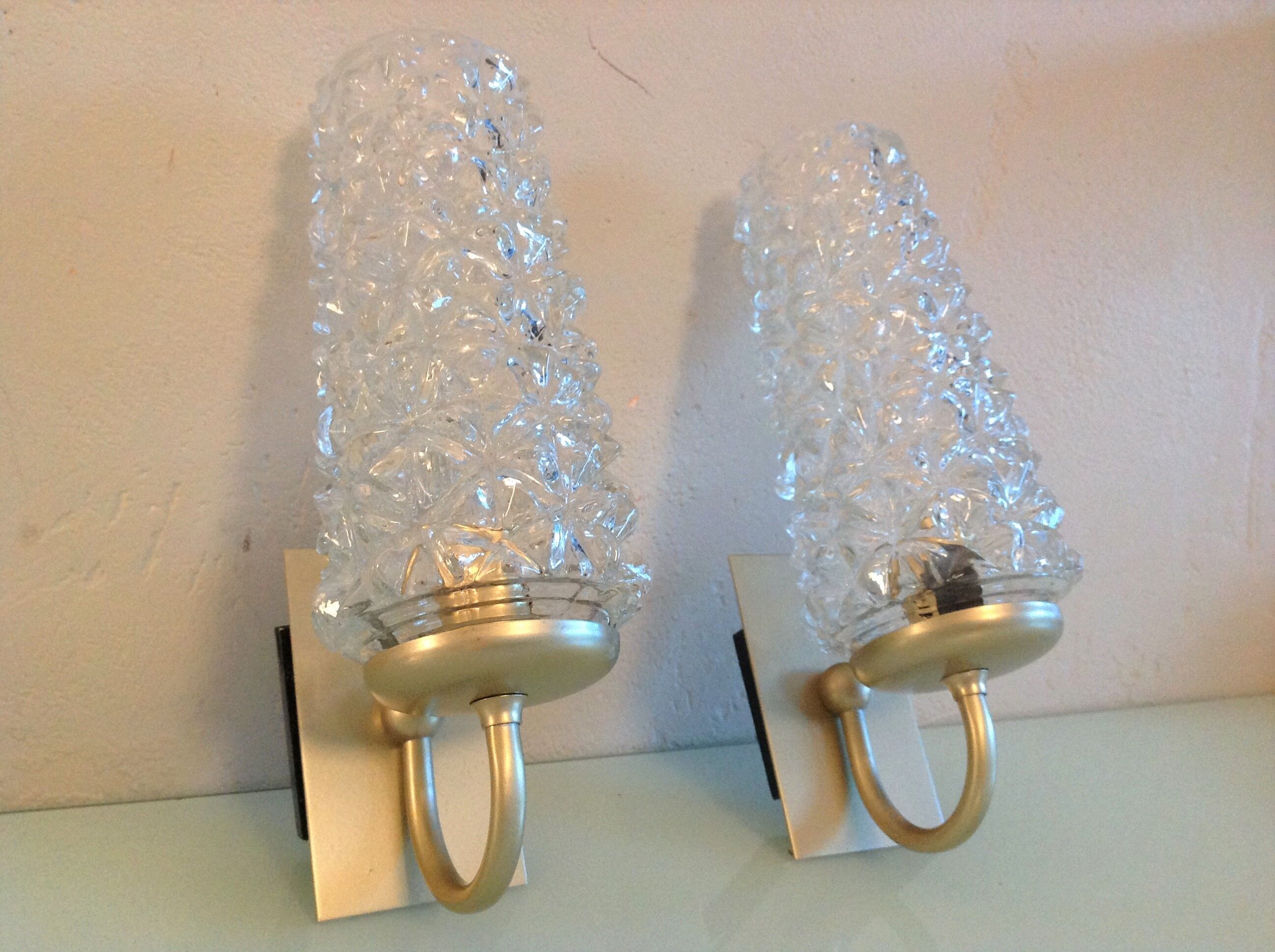 Pair of tulip glass and gold/vintage metal wall lamps 60/70