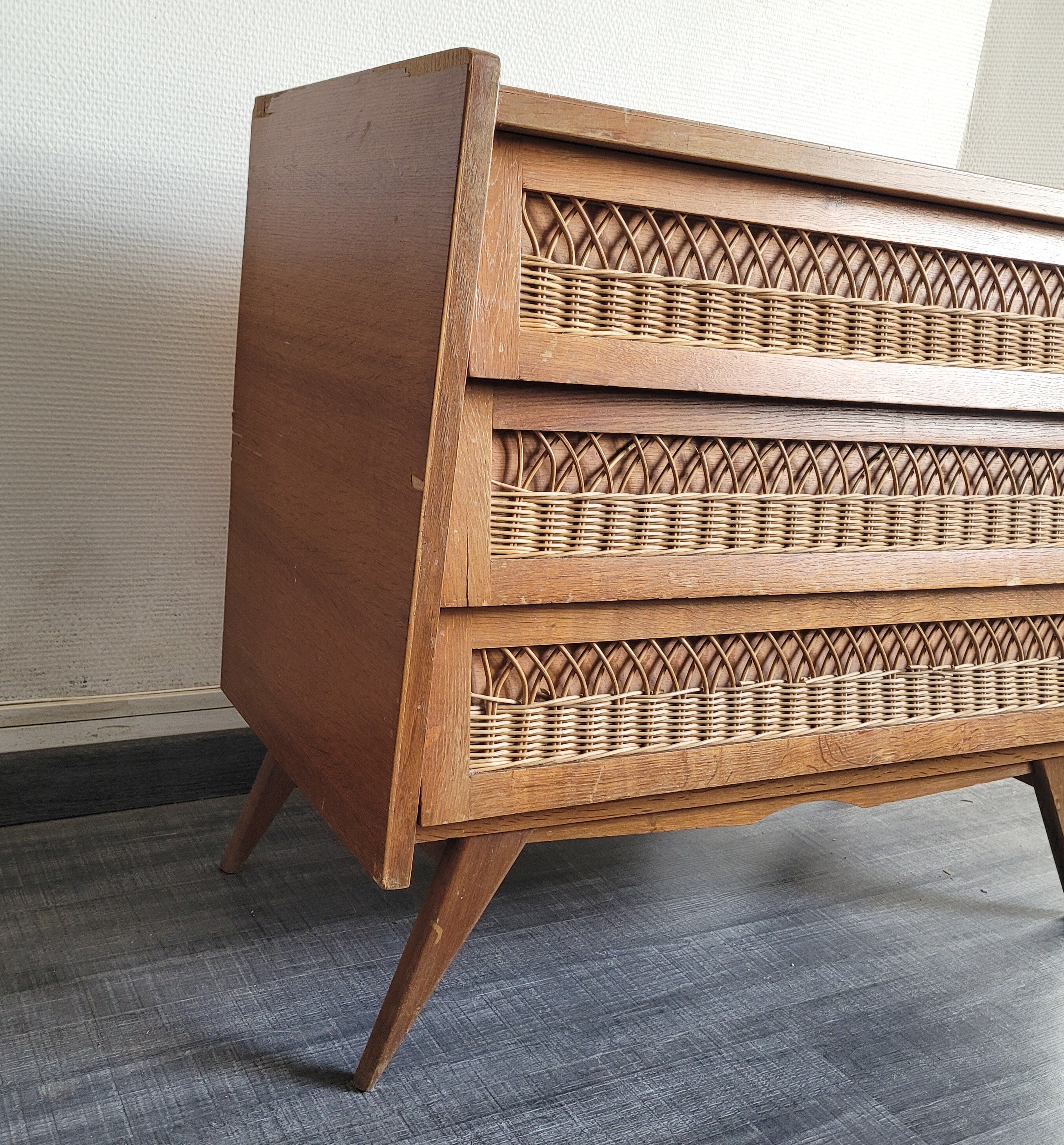 Wooden chest of drawers and vintage rattan