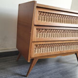 Wooden chest of drawers and vintage rattan