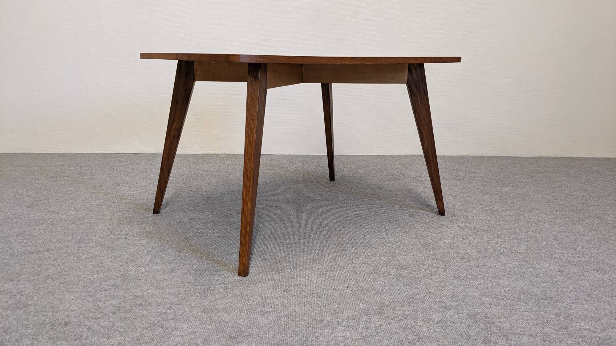 Modernist coffee or side table in oak marquetry, France 1960.
