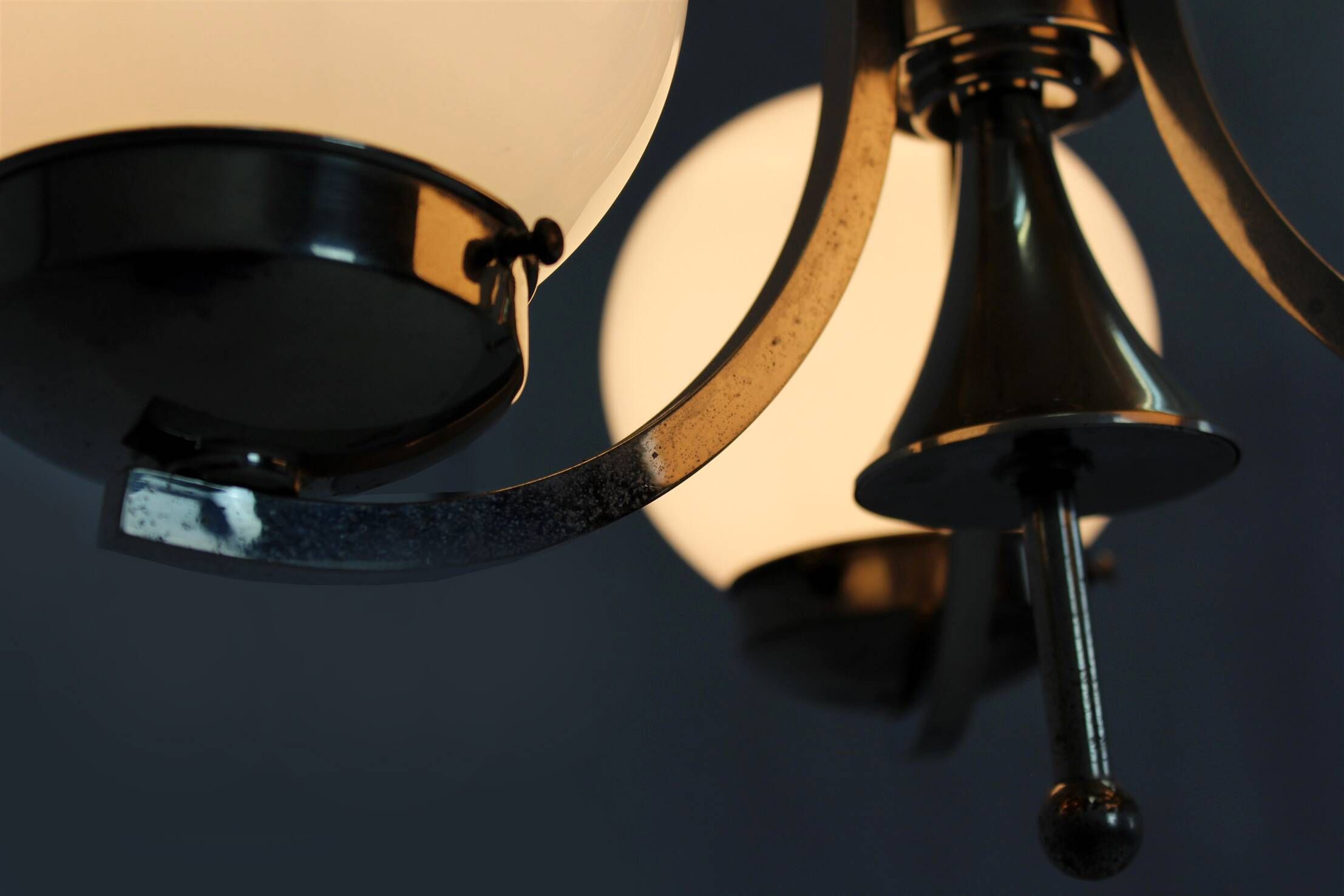 Vintage Czech Bauhaus style pendant light, tall, with opaline glass globes, 1940s