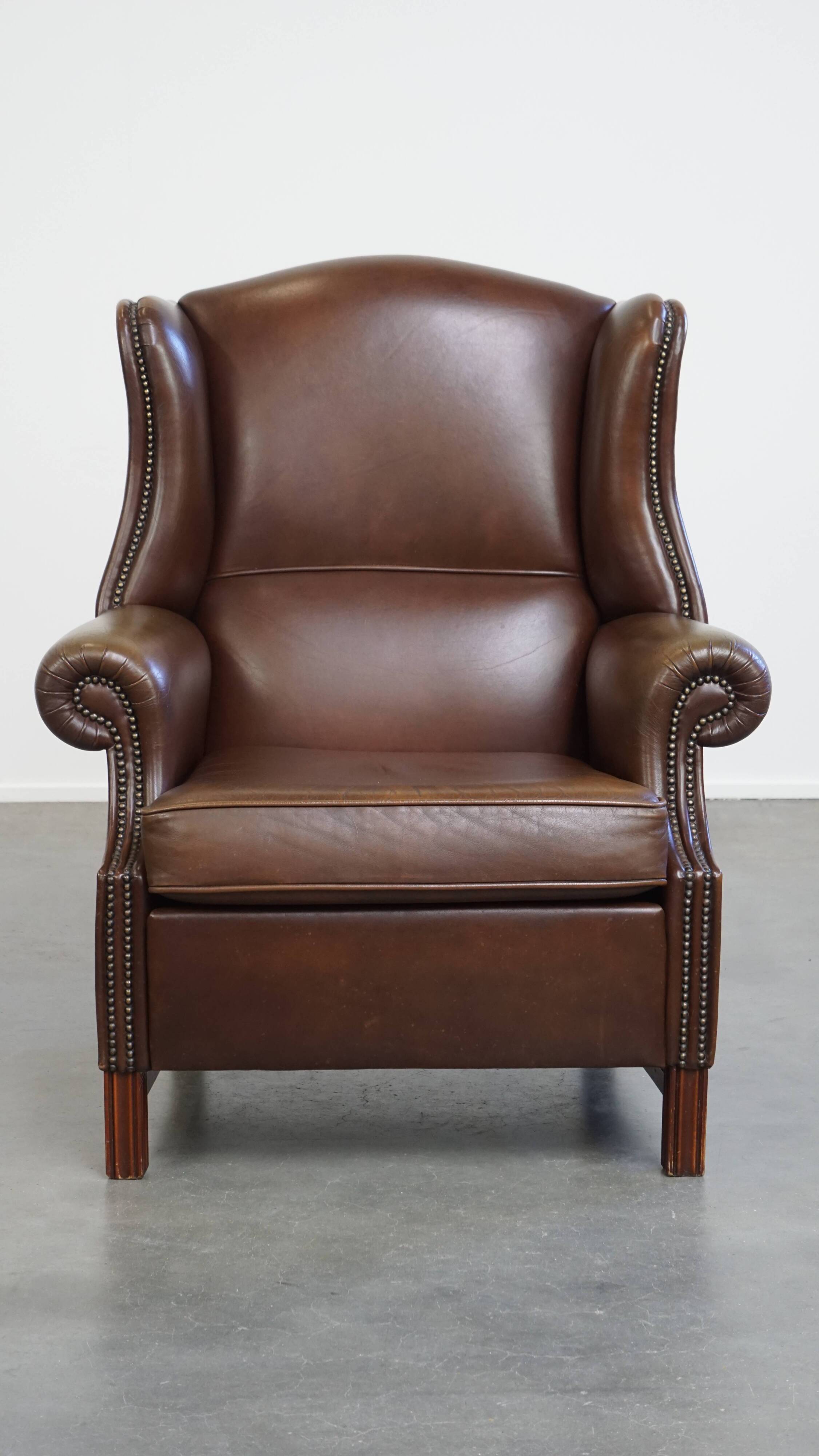 Large Dark Brown Cowhide Leather Wingback Chair