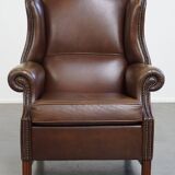 Large Dark Brown Cowhide Leather Wingback Chair