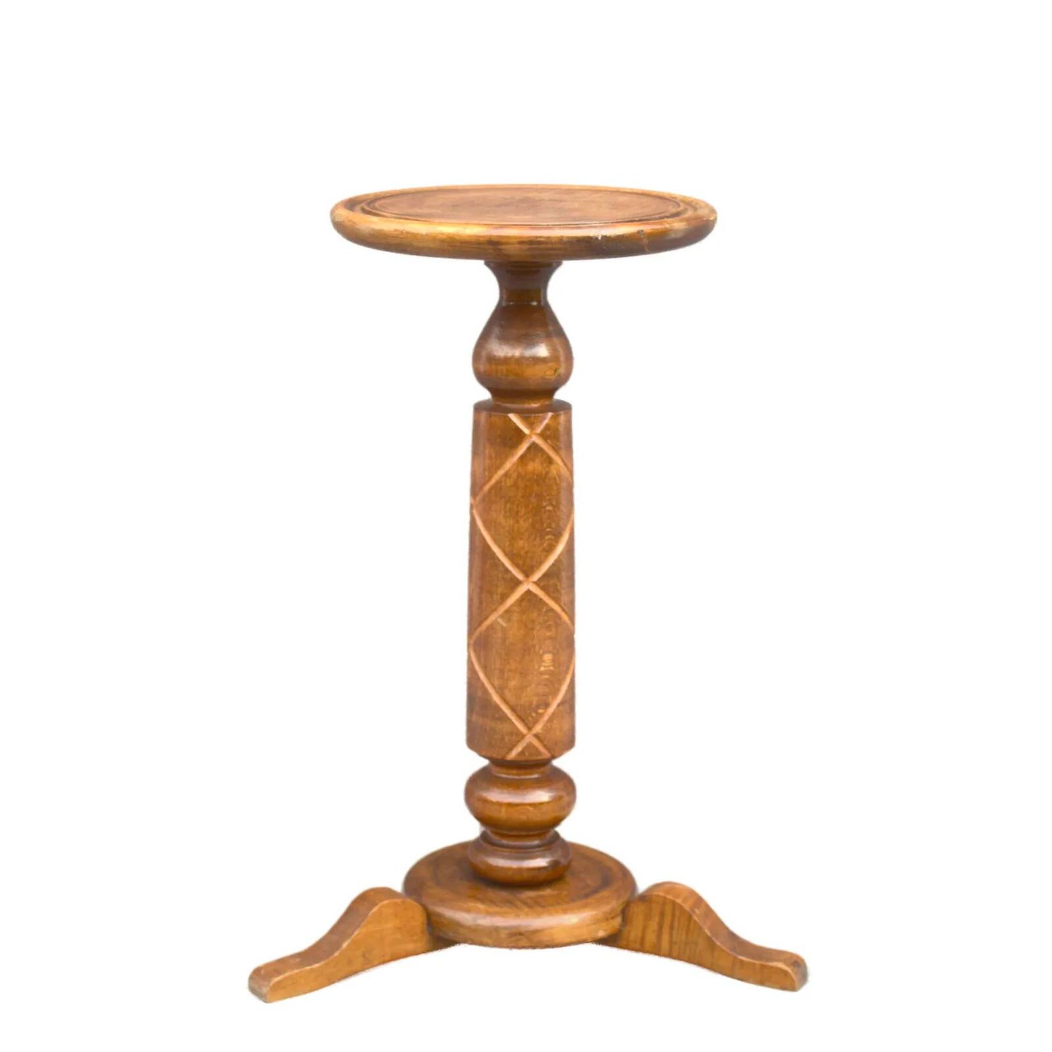 Antique Solid Wood Bonsai Pedestal Table, Ornate Carved Column, Elegant Home Decoration