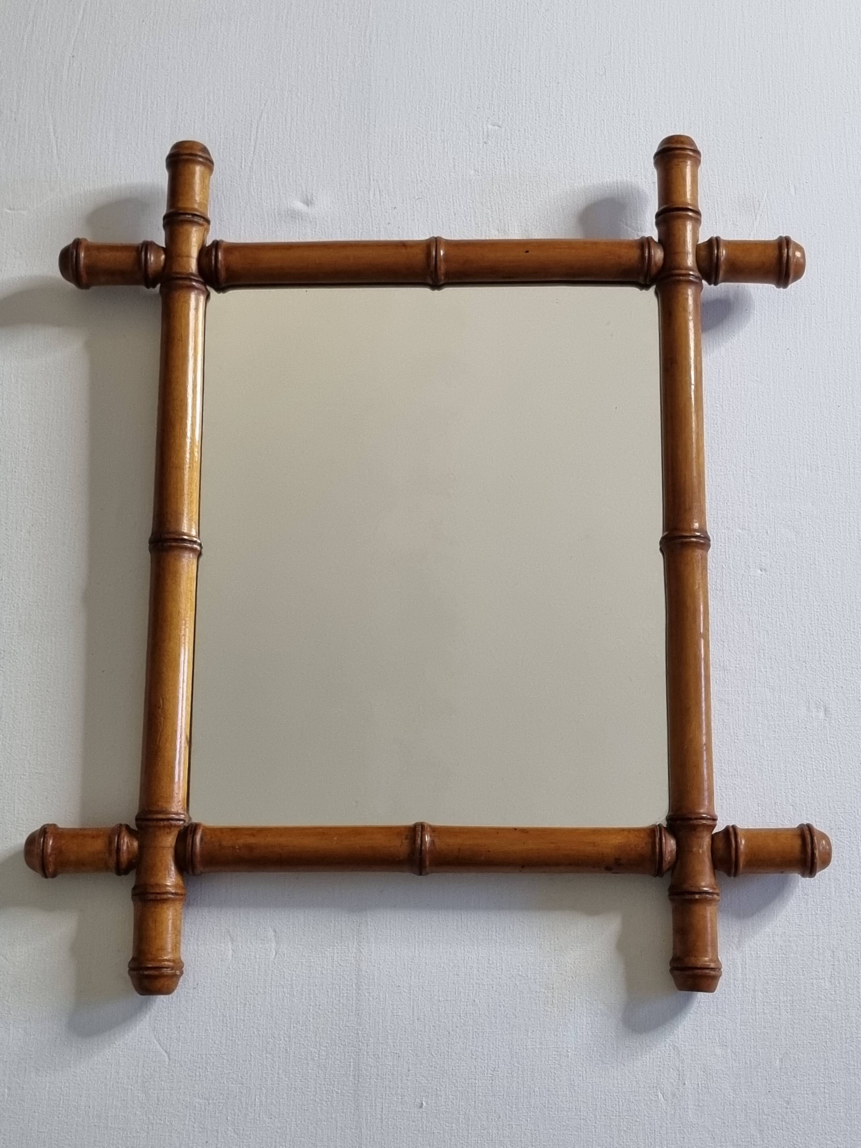 Antique mirror in turned bamboo-style wood, 46 x 54 cm