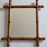 Miroir ancien en bois tourné façon bambou, 46 x 54 cm