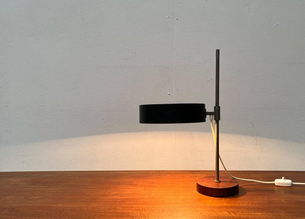 Mid-century minimalist table lamp with a teak veneer base, 1960s.