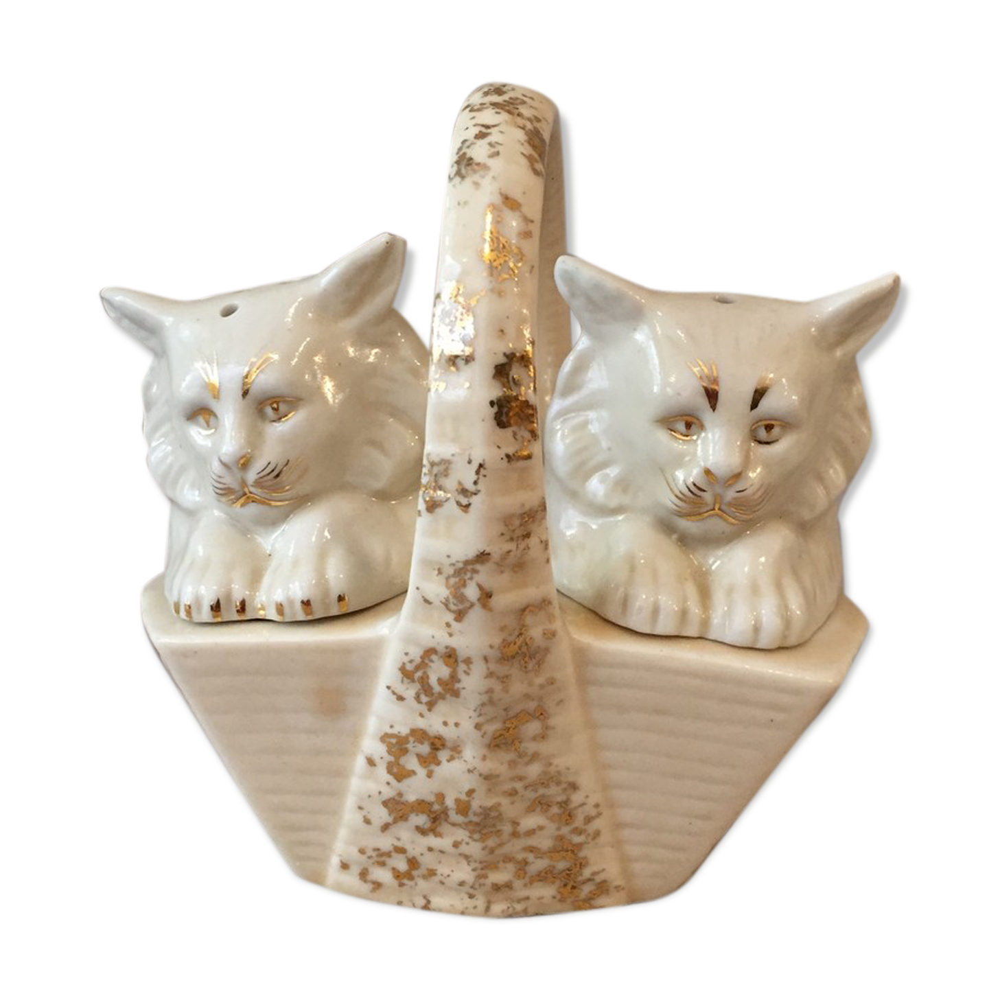 Panier avec saliere poivriere en forme de chat porcelaine de france