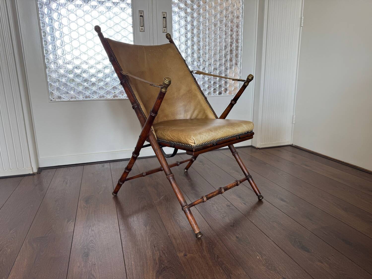 Vintage Faux bamboo, leather campaign folding chair by Maison Jansen, 1950s