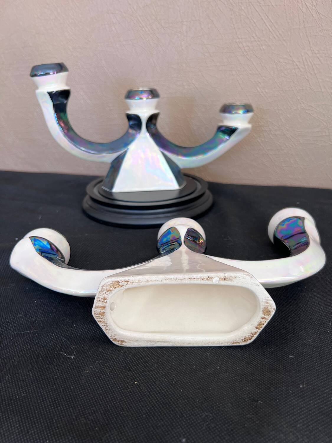 Pair of 3-branch candlesticks in iridescent two-tone ceramic from the 60s