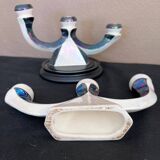 Pair of 3-branch candlesticks in iridescent two-tone ceramic from the 60s