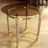 Table basse ronde de style Hollywood Regency, table d’appoint, en métal avec une plaque de verre fumé