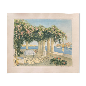 Une terrasse sur la Riviera - William Lambrecht - Aquatinte signée numérotée
