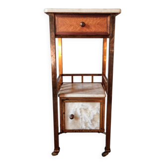 Table de chevet ancienne française – Laiton, marbre et bois – Années 1920