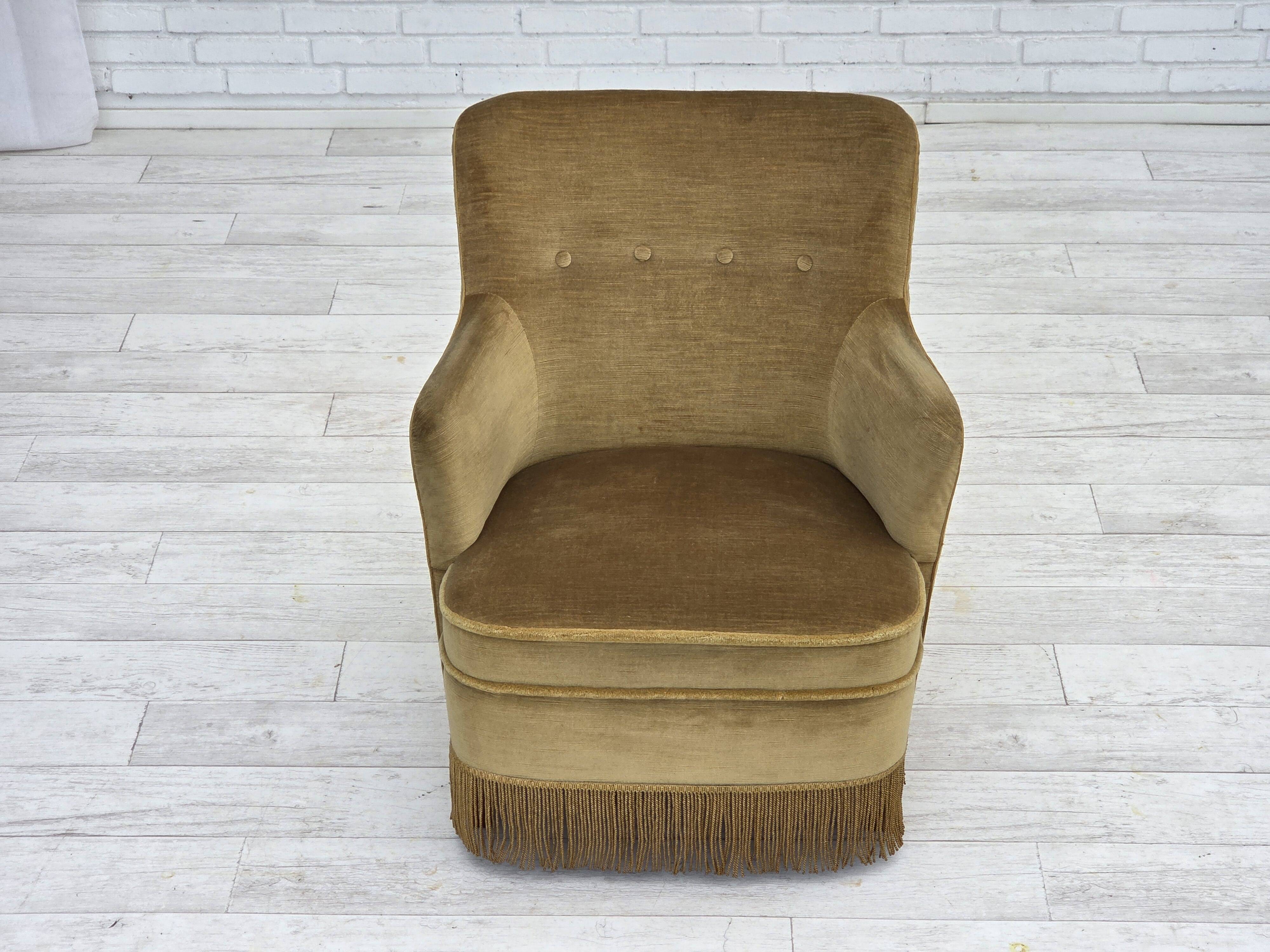 1970s, Danish lounge chair, light green furniture velour, beech wood.