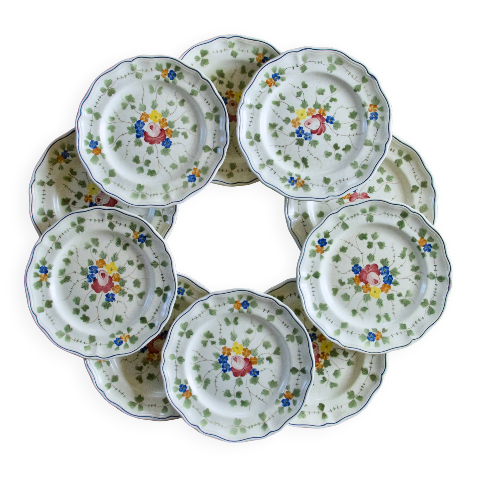 10 flat plates from the Longchamp "Nemours" collection, hand-painted.