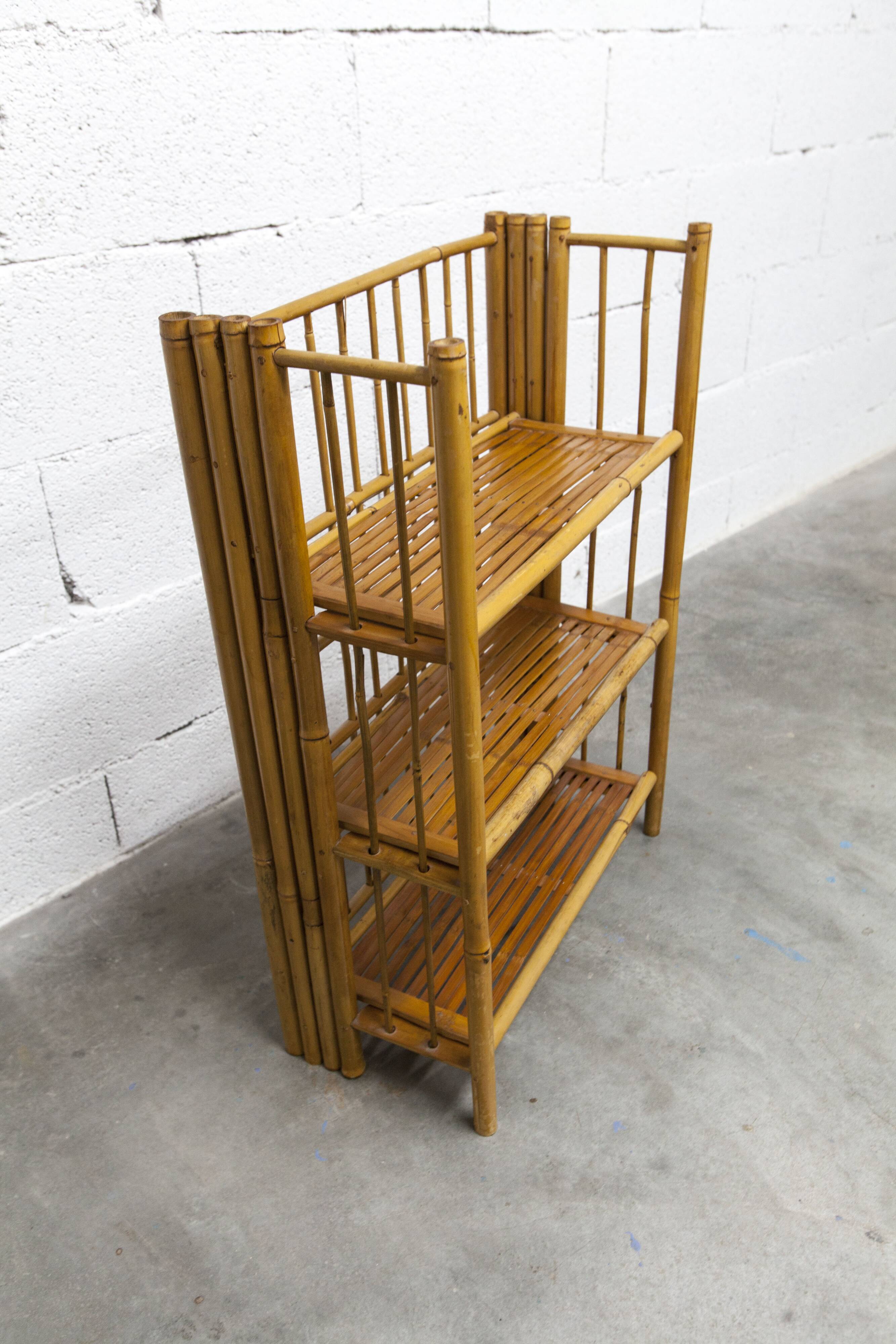 1970s honey-colored folding bamboo shelf