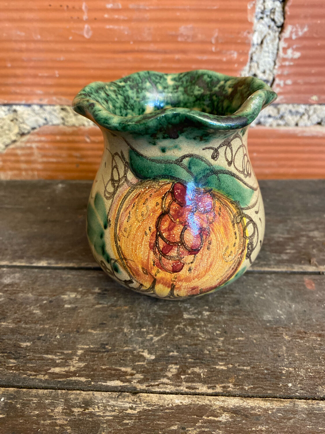 Vintage 1970s Beige Ceramic Vase with Painted Decoration