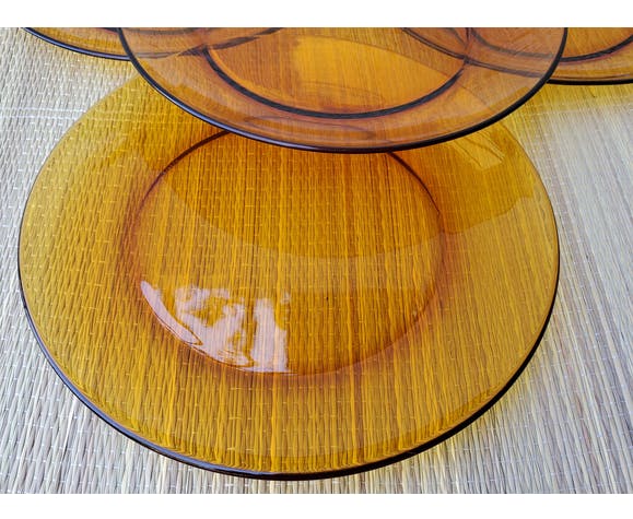 Set of 4 amber glass flat plates, 70s