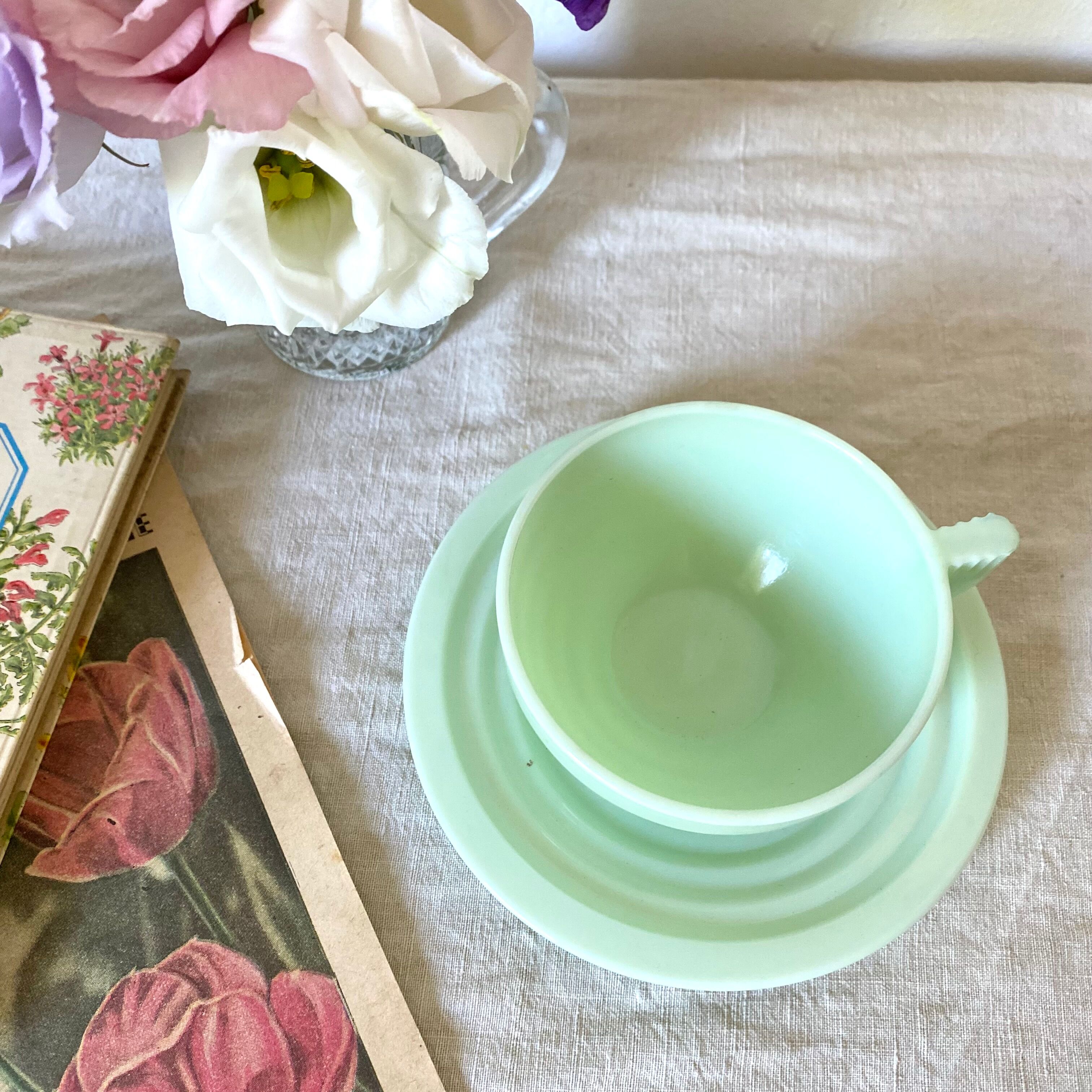 Art Deco cups in green opaline