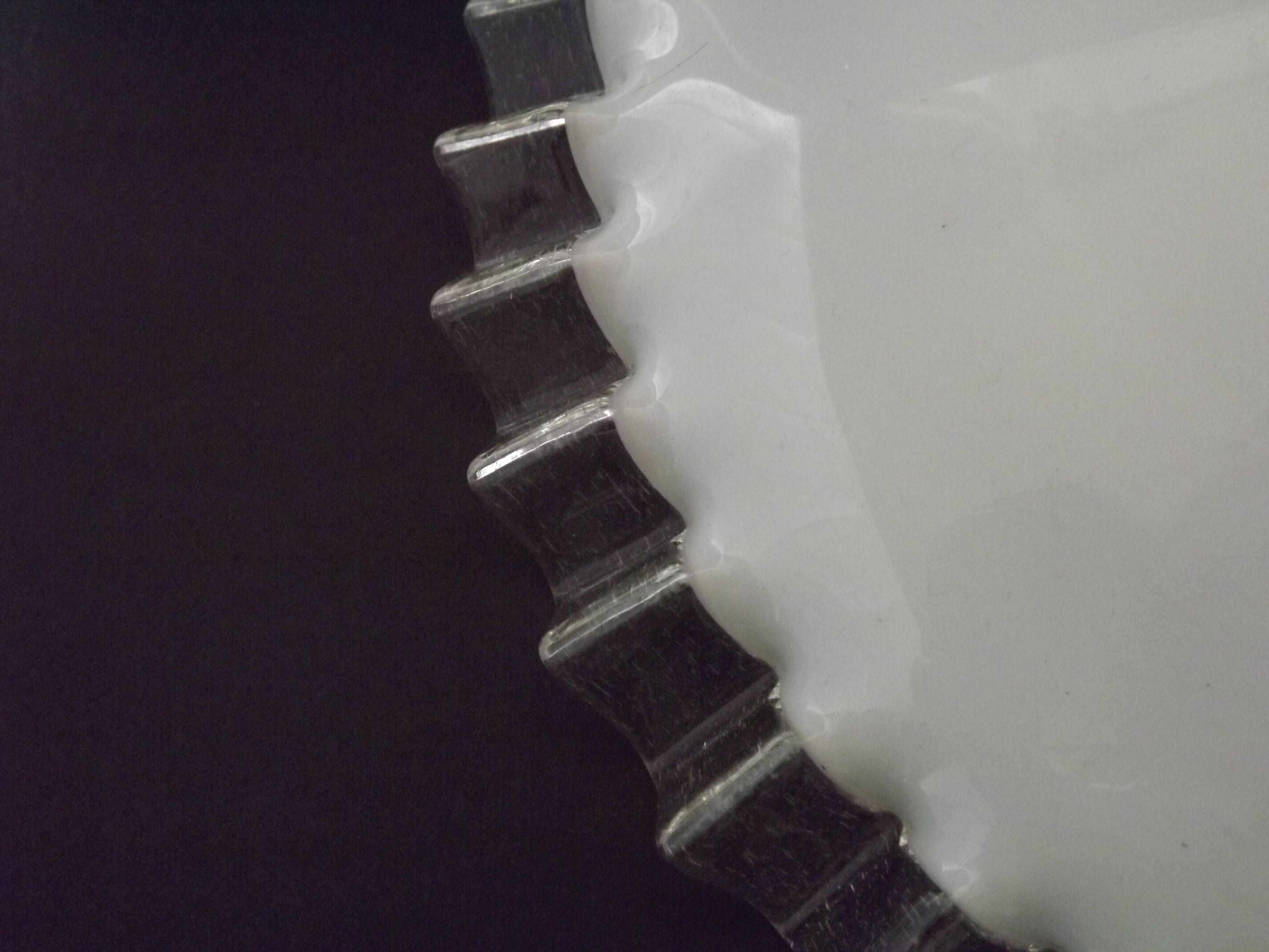 French frilled glass pendant shade, white opaline glass with a clear scalloped edge.