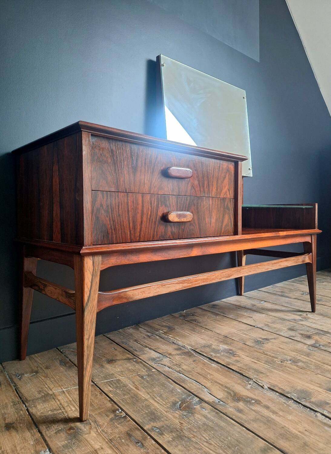 Vintage enfilade in rosewood, antique dressing table, chest of drawers.