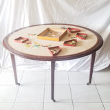 Mahogany game table and mahogany veneer, rolling half-moon console or round table.