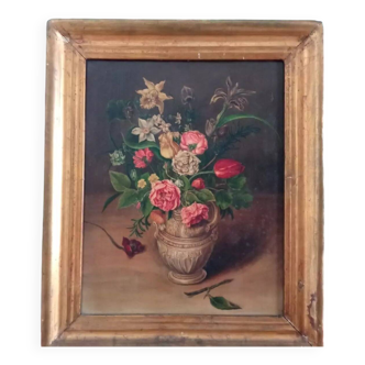 Peinture à l'huile de nature morte avec bouquet de fleurs du début du XXe siècle, encadrée