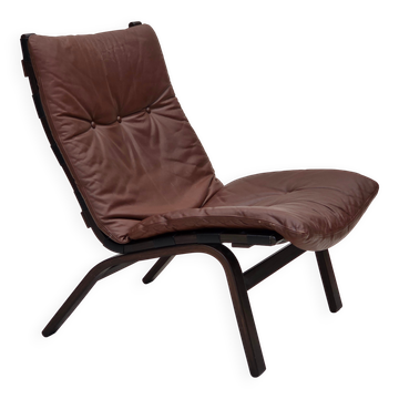 Chaise longue danoise des années 1970 par Farstrup, cuir, toile, bois courbé.