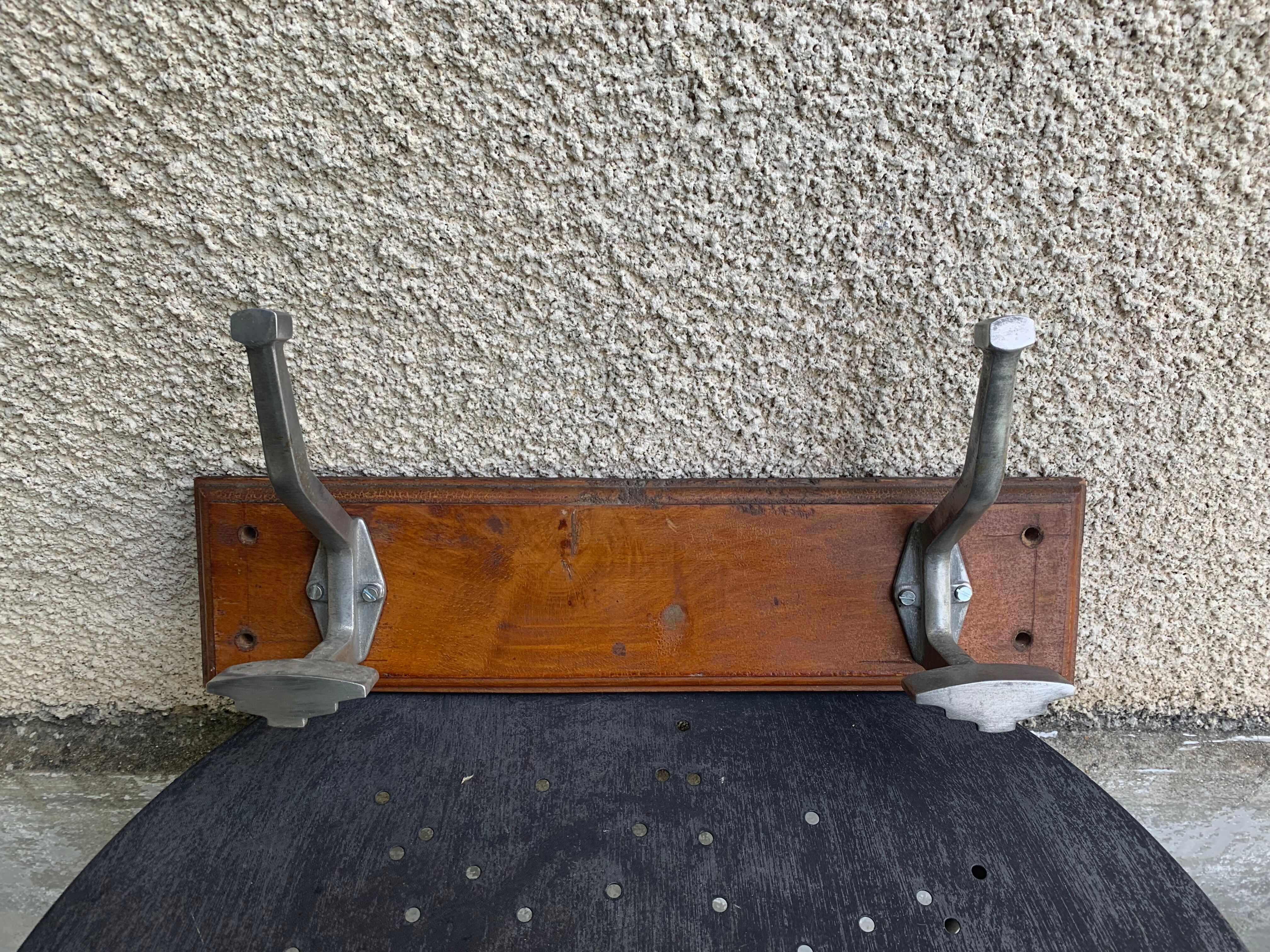 Wall coat rack two old metal hooks on vintage varnished wood