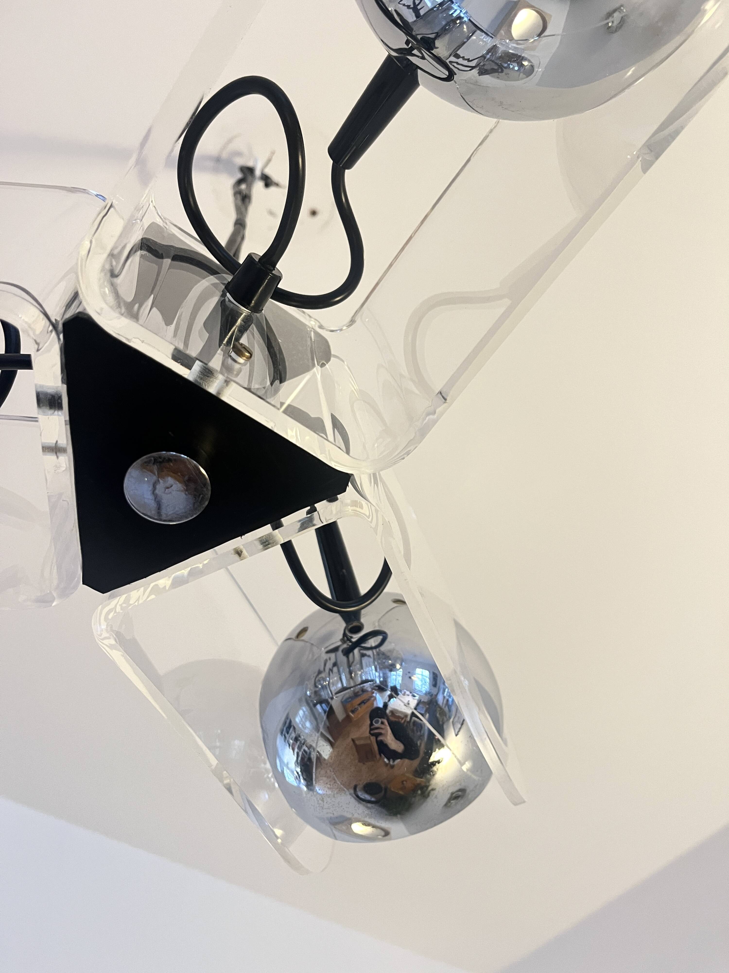 Vintage Chrome & Acrylic Pendant Lamp in the Style of Gino Sarfatti , 1970s