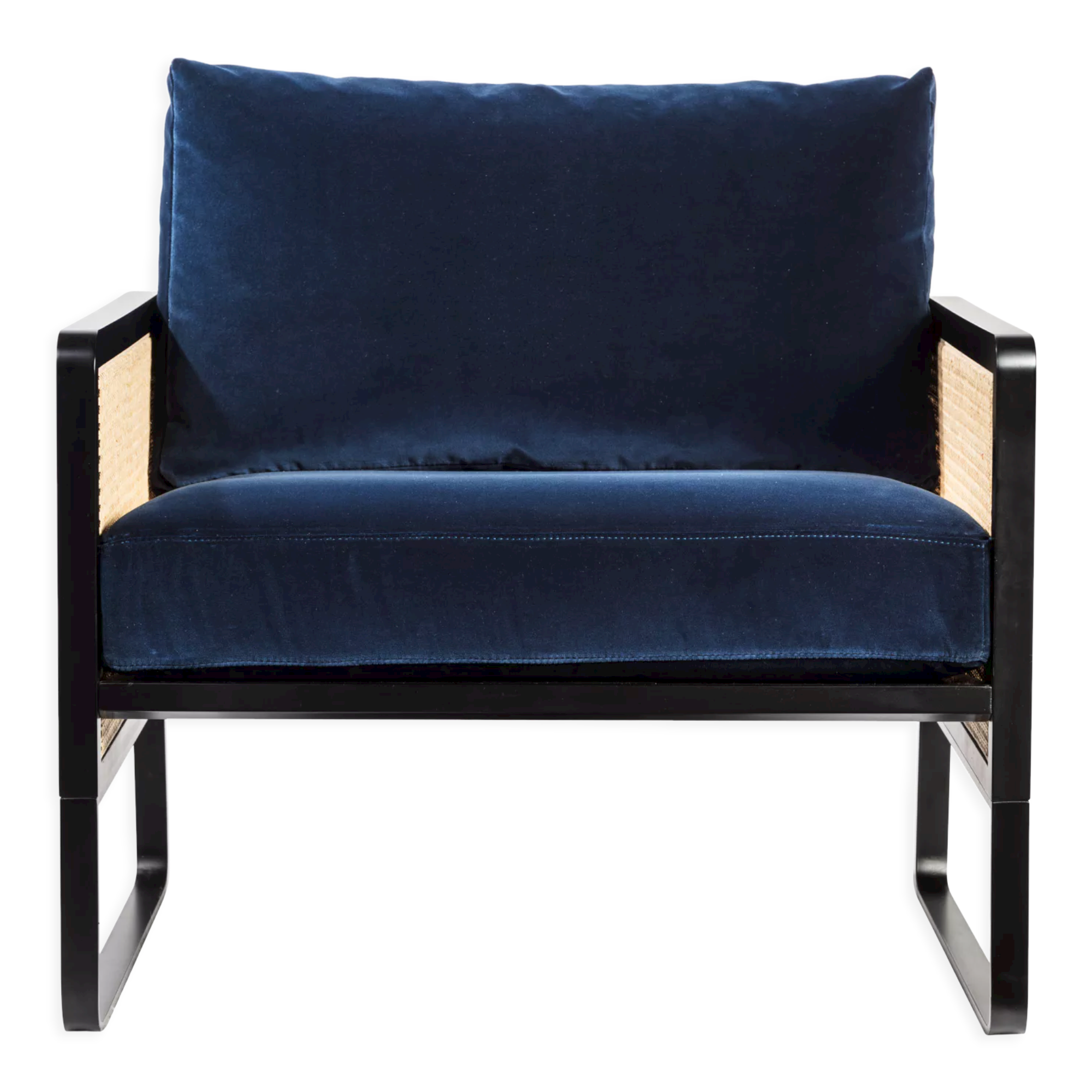 Fauteuil cannage structure noire velours marine