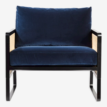 Armchair cannage structure black velvet navy