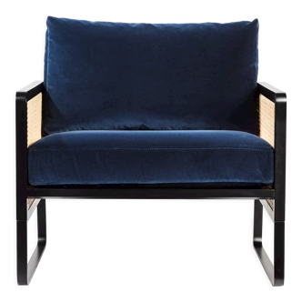 Fauteuil cannage structure noire velours marine