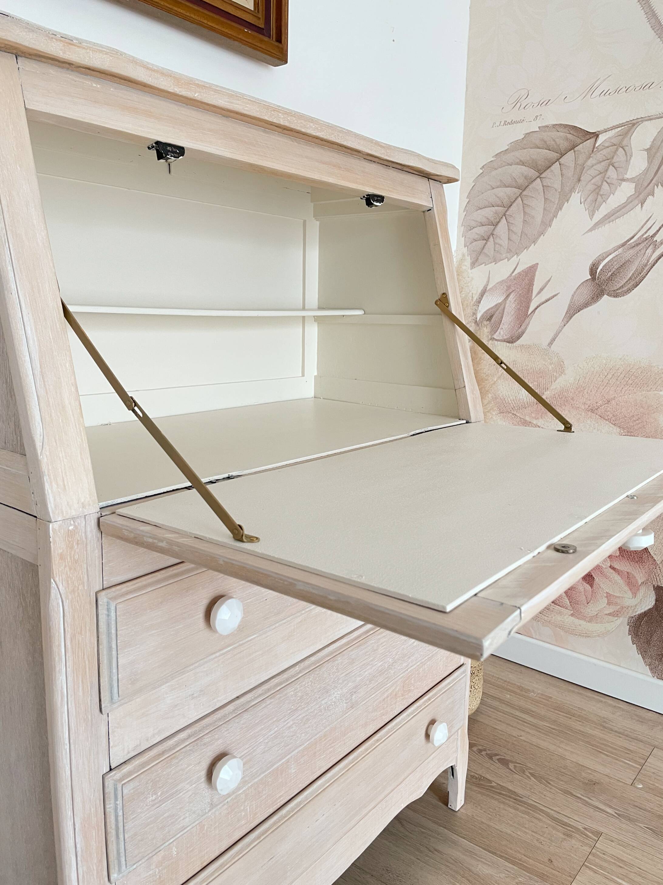 Antique donkey back secretary, white patina with a ceruse effect