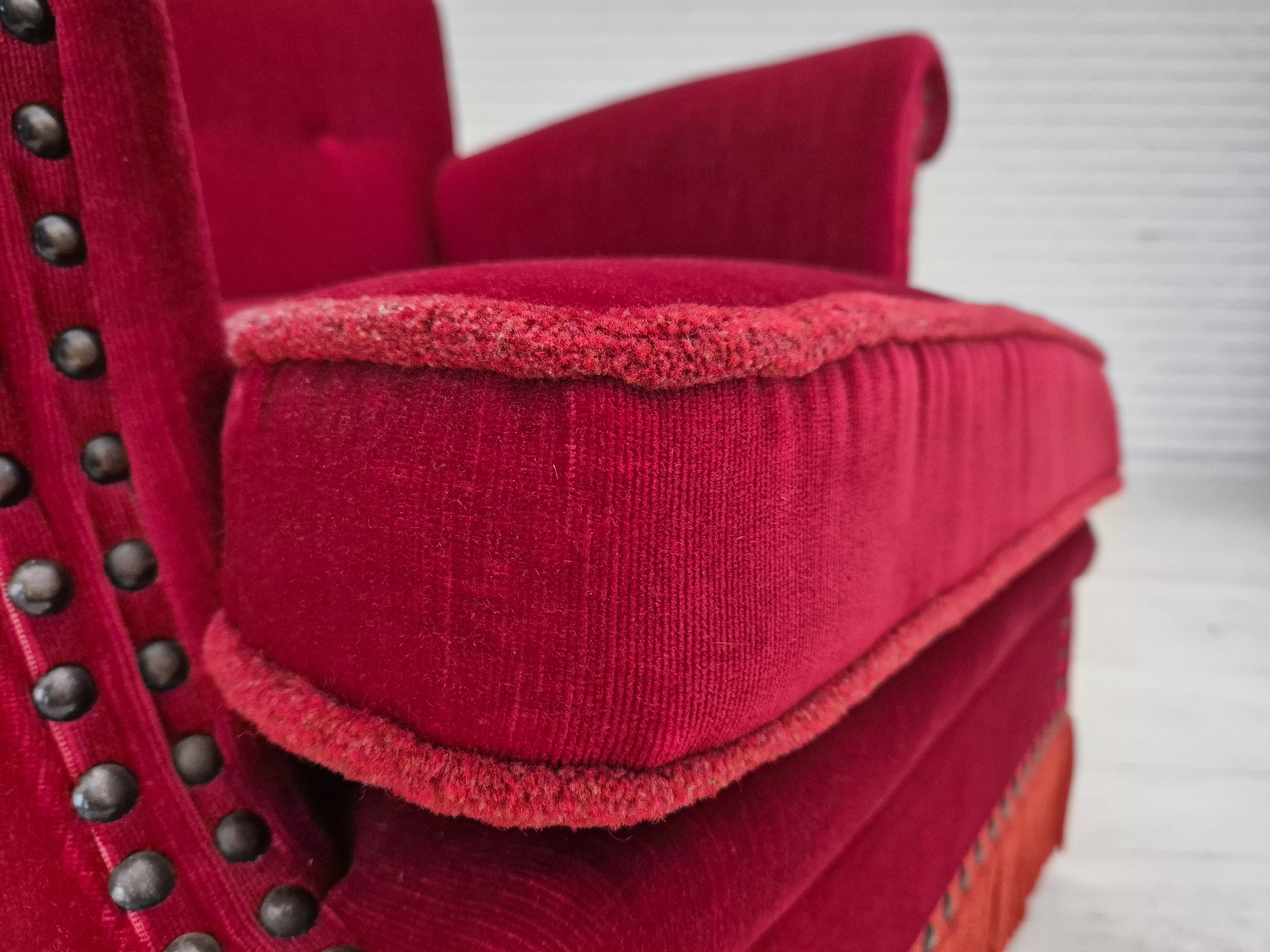 1970s, Danish lounge chair, original condition, cherry-red velour fabric.