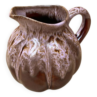 Antique melon pitcher flamed ceramic brown & pink vintage