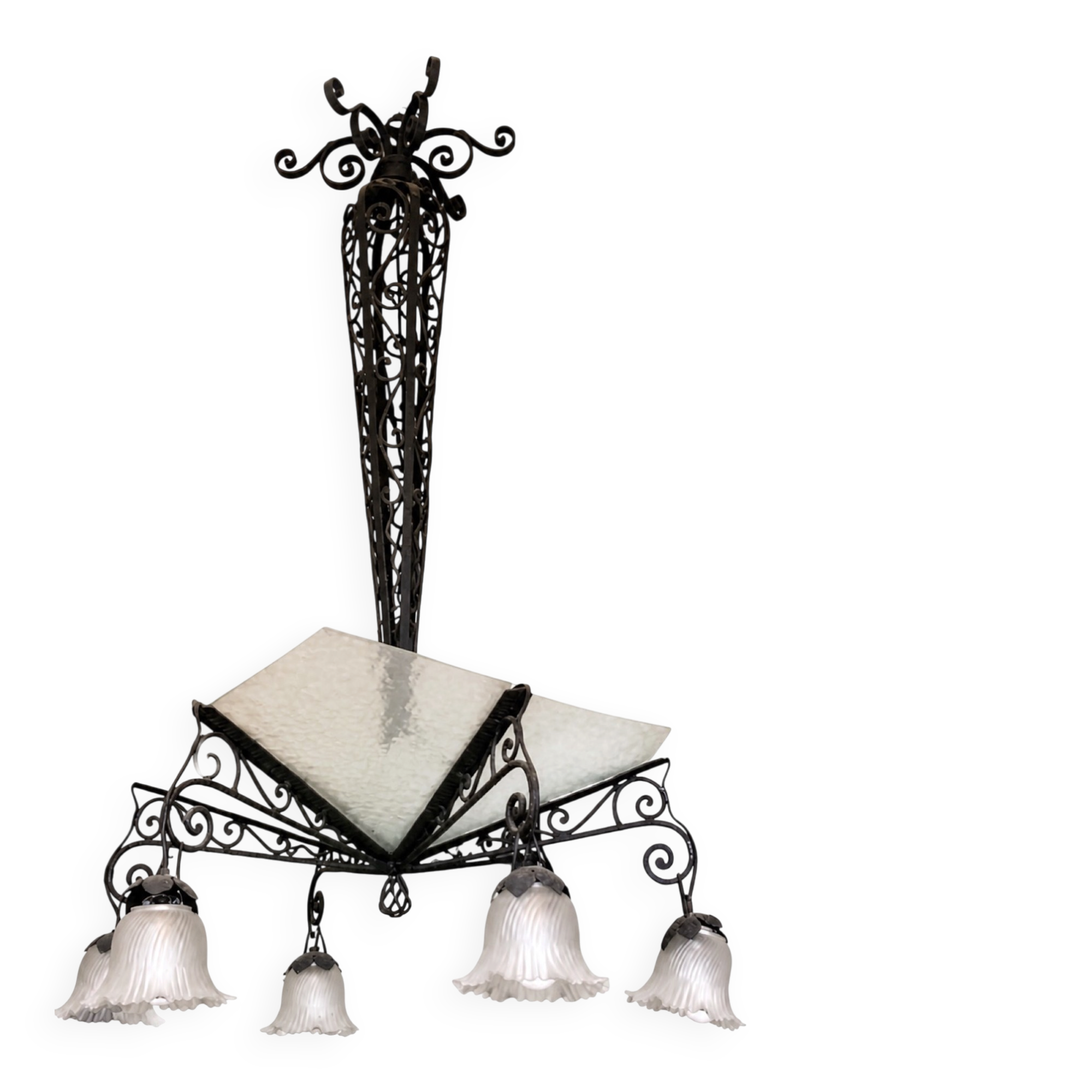 Art Deco wrought iron chandelier — hammered glass bowl & 6 frosted tulips