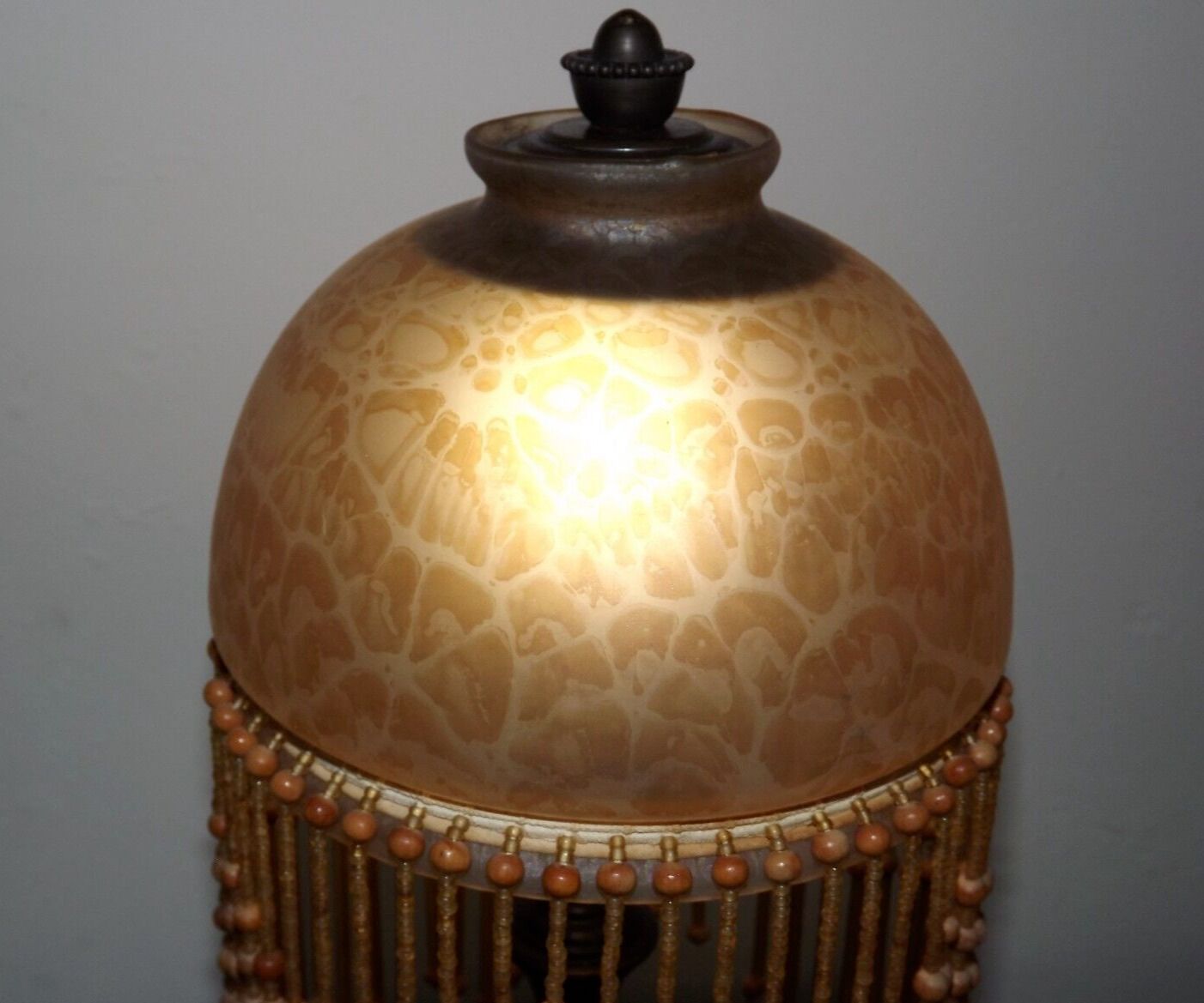 French vintage lacquered bronze table lamp brown glass beaded