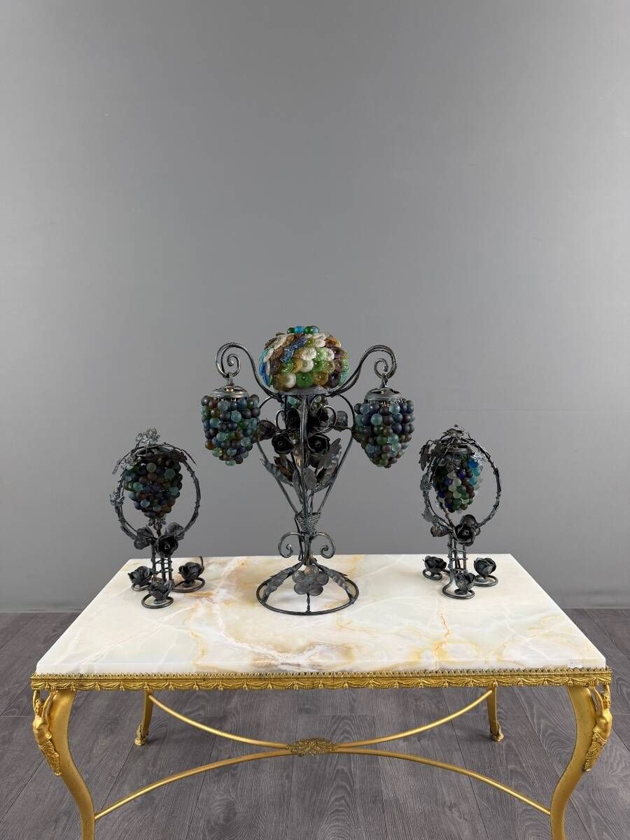 Set of three lamps in bronze and polychrome Murano glass, 20th century