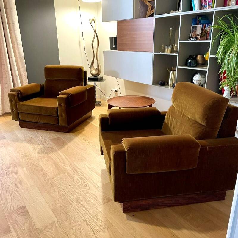 Paire de fauteuils vintage en velours et palissandre